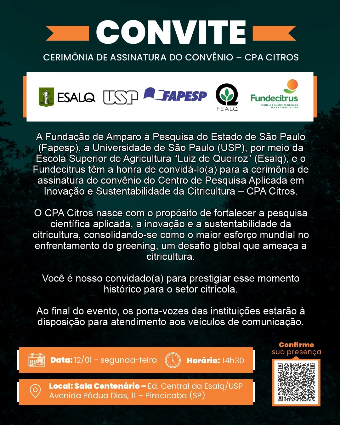 Esalq, Fundecitrus e Fapesp oficializam CPA-Citros para combater doenças da citricultura